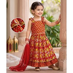 Babyhug 100% Cotton Cambric Woven Sleeveless Floral Printed Lehenga Choli Set With Dupatta - Red