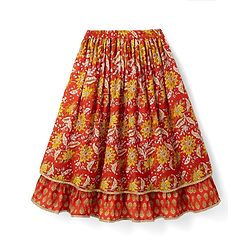Babyhug 100% Cotton Cambric Woven Sleeveless Floral Printed Lehenga Choli Set With Dupatta - Red