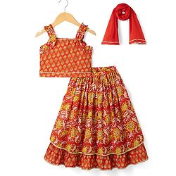 Babyhug 100% Cotton Cambric Woven Sleeveless Floral Printed Lehenga Choli Set With Dupatta - Red