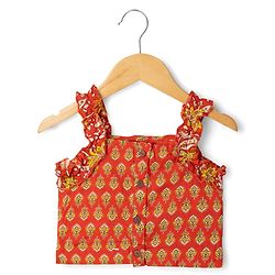 Babyhug 100% Cotton Cambric Woven Sleeveless Floral Printed Lehenga Choli Set With Dupatta - Red