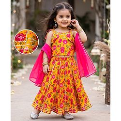 Babyhug 100% Cotton Cambric Woven Sleeveless Floral Printed Choli & Lehenga Set With Dupatta - Mustard