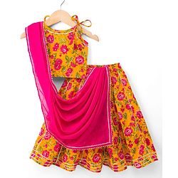 Babyhug 100% Cotton Cambric Woven Sleeveless Floral Printed Choli & Lehenga Set With Dupatta - Mustard