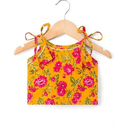 Babyhug 100% Cotton Cambric Woven Sleeveless Floral Printed Choli & Lehenga Set With Dupatta - Mustard