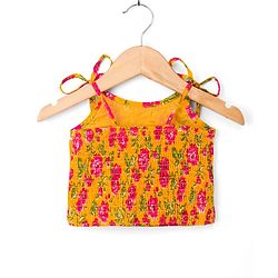 Babyhug 100% Cotton Cambric Woven Sleeveless Floral Printed Choli & Lehenga Set With Dupatta - Mustard