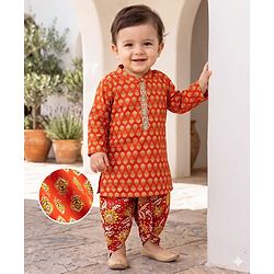 Babyhug 100% Cotton Cambric Woven Full Sleeves Floral Printed Kurta Dhoti Set - Orange