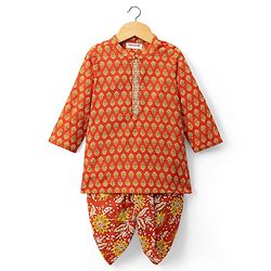 Babyhug 100% Cotton Cambric Woven Full Sleeves Floral Printed Kurta Dhoti Set - Orange