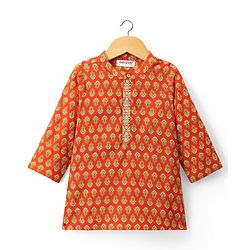 Babyhug 100% Cotton Cambric Woven Full Sleeves Floral Printed Kurta Dhoti Set - Orange