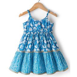 Babyhug Cambric Woven Sleeveless Ethnic Dress With Floral Print - Blue