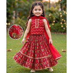Babyhug Cambric Woven Sleeveless Floral Printed Choli & Lehenga Set With Dupatta & Lace Detailing -Maroon