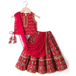 Babyhug Cambric Woven Sleeveless Floral Printed Choli & Lehenga Set With Dupatta & Lace Detailing -Maroon
