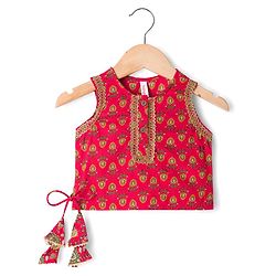 Babyhug Cambric Woven Sleeveless Floral Printed Choli & Lehenga Set With Dupatta & Lace Detailing -Maroon