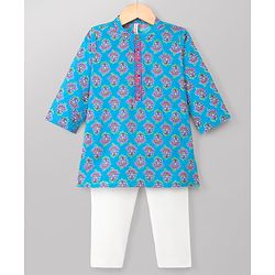 Babyhug 100% Cotton Cambric Woven Full Sleeves Floral Printed Kurta & Pyjama Set - Blue
