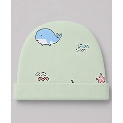Babyhug 100% Cotton Interlock Knit Boat & Whale Printed Cap Mittens & Booties Sea Green- Diameter 18.5 cm