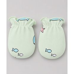 Babyhug 100% Cotton Interlock Knit Boat & Whale Printed Cap Mittens & Booties Sea Green- Diameter 18.5 cm