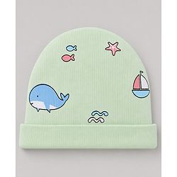 Babyhug 100% Cotton Interlock Knit Boat & Whale Printed Cap Mittens & Booties Sea Green- Diameter 18.5 cm