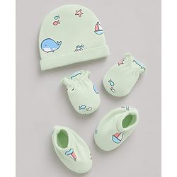 Babyhug 100% Cotton Interlock Knit Boat & Whale Printed Cap Mittens & Booties Sea Green- Diameter 18.5 cm