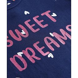 Babyhug Cotton Knit Three Fourth Sleeves Nighty with Frill at Hem Heart & Text Print  - Navy