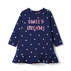 Babyhug Cotton Knit Three Fourth Sleeves Nighty with Frill at Hem Heart & Text Print  - Navy