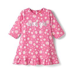 Babyhug Cotton Knit Three Forth Sleeves Floral & Hearts Printed Nighty With Text Foil Print - Pink
