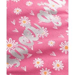 Babyhug Cotton Knit Three Forth Sleeves Floral & Hearts Printed Nighty With Text Foil Print - Pink