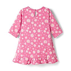 Babyhug Cotton Knit Three Forth Sleeves Floral & Hearts Printed Nighty With Text Foil Print - Pink