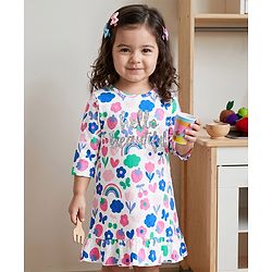 Babyhug Cotton Knit Three Forth Sleeves Tropical Theme & Floral Printed Nighty - Multicolor