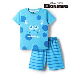 Babyhug Disney Single Jersey Knit Half Sleeves T-Shirt & Shorts Night Suit with Monster Graphics - Light Blue
