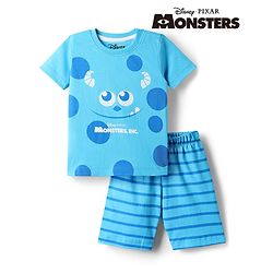 Babyhug Disney Single Jersey Knit Half Sleeves T-Shirt & Shorts Night Suit with Monster Graphics - Light Blue
