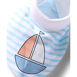 Babyhug 100% Cotton Interlock Knit Striped Mittens & Booties Set With Boat Print - White