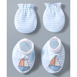 Babyhug 100% Cotton Interlock Knit Striped Mittens & Booties Set With Boat Print - White