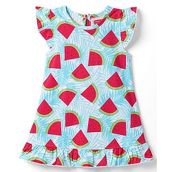 Babyhug 100% Cotton Knit Half Frill Sleeves Watermelon Printed Nighty - Light Blue