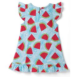 Babyhug 100% Cotton Knit Half Frill Sleeves Watermelon Printed Nighty - Light Blue