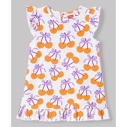 Babyhug 100% Cotton Knit Half Sleeves Nighty With Cherry Print - White