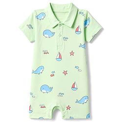 Babyhug 100% Cotton Interlock Knit Half Sleeves Romper With Whale & Star Print - Light Green