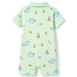 Babyhug 100% Cotton Interlock Knit Half Sleeves Romper With Whale & Star Print - Light Green