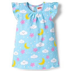Babyhug Cotton Knit Half Sleeves Star Moon & Clouds Printed Nighty - Light Blue