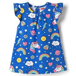 Babyhug Cotton Knit Half Sleeves Unicorn Rainbow Printed Nighty - Blue