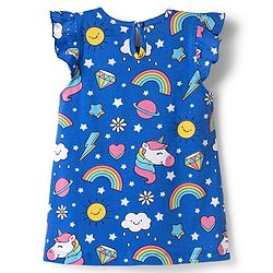 Babyhug Cotton Knit Half Sleeves Unicorn Rainbow Printed Nighty - Blue