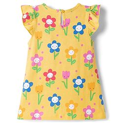 Babyhug 100% Cotton Knit Half Sleeves Nighty With Floral Print - Yellow