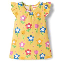 Babyhug 100% Cotton Knit Half Sleeves Nighty With Floral Print - Yellow