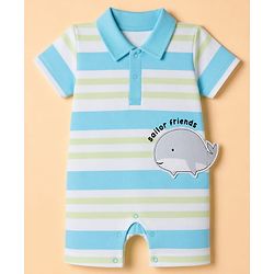 Babyhug 100% Cotton Interlock Knit Half Sleeves Striped Rompers With Fish Applique - White