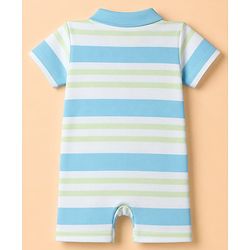 Babyhug 100% Cotton Interlock Knit Half Sleeves Striped Rompers With Fish Applique - White