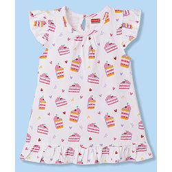 Babyhug 100% Cotton Knit Half Sleeves Nighty With Heart & Ice-cream Print - White