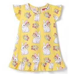 Babyhug 100% Cotton Knit Half Sleeves Nighty With Rabbit Print - Yellow