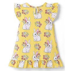 Babyhug 100% Cotton Knit Half Sleeves Nighty With Rabbit Print - Yellow