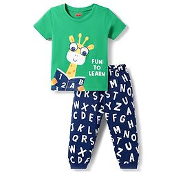 Babyhug 100% Cotton Knit Half Sleeves T-Shirt & Pyjama Night Suit With Giraffe & Alphabet Print - Green & Blue
