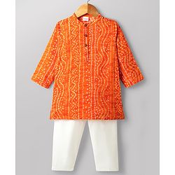 Babyhug 100% Cotton Cambric Woven Full Sleeves Bandhani Printed Kurta & Pyjama Set - Orange