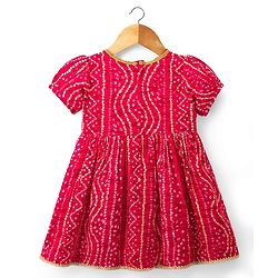 Babyhug Cambric Woven Half Sleeves Bandhani Printed Ethnic Dress - Fuchsia