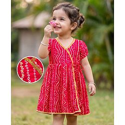 Babyhug Cambric Woven Half Sleeves Bandhani Printed Ethnic Dress - Fuchsia
