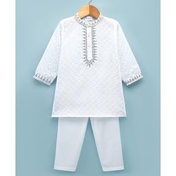 Babyhug Cotton Woven Full Sleeves Embroidered Kurta & Pyjama Set - White